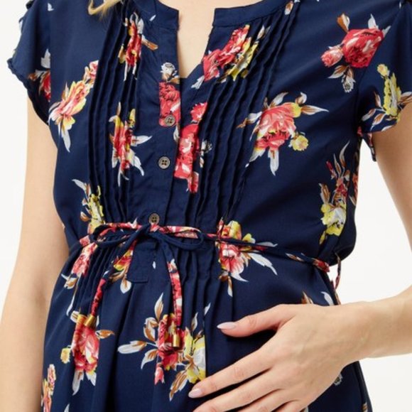 Navy & Pink Floral Button-Front Maternity Flutter-Sleeve Top - Picture 3 of 3